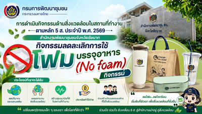 พช.ชัยนาท ดำเนินกิจกรรมด้านสิ่งแวดล้อมในสถานที่ทำงานตามหลัก 5 ส. ประจำปี พ.ศ. 2569 สำนักงานพัฒนาชุมชนจังหวัดชัยนาท - กิจกรรมลดละเลิกการใช้โฟมบรรจุอาหาร (No foam)