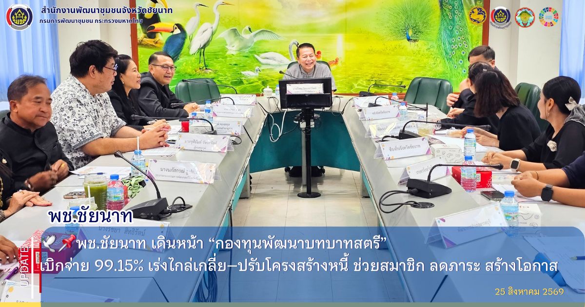 🕊📌พช.ชัยนาท เดินหน้า “กองทุนพัฒนาบทบาทสตรี” เบิกจ่าย 99.15% เร่งไกล่เกลี่ย–ปรับโครงสร้างหนี้ ช่วยสมาชิก ลดภาระ สร้างโอกาส