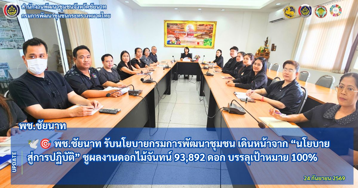 🕊🎯 พช.ชัยนาท รับนโยบายกรมการพัฒนาชุมชน เดินหน้าจาก “นโยบายสู่การปฏิบัติ” ชูผลงานดอกไม้จันทน์ 93,892 ดอก บรรลุเป้าหมาย 100%