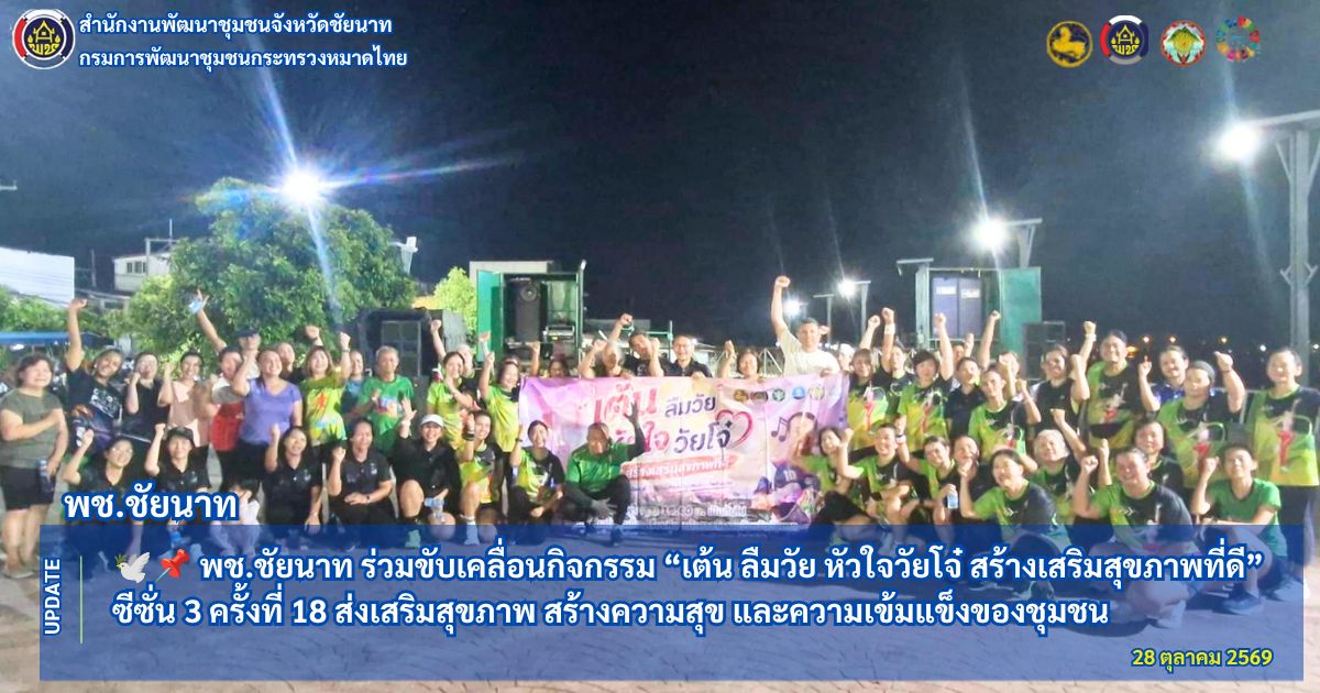  🕊️📌 พช.ชัยนาท ร่วมขับเคลื่อนกิจกรรม “เต้น ลืมวัย หัวใจวัยโจ๋ สร้างเสริมสุขภาพที่ดี” ซีซั่น 3 ครั้งที่ 18 ส่งเสริมสุขภาพ สร้างความสุข และความเข้มแข็งของชุมชน